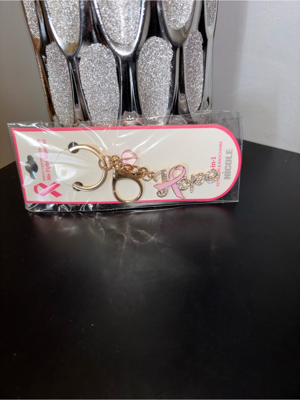 Nicole Pink Ribbon Crystal Key & Card Holder - Gold Tone Hardware